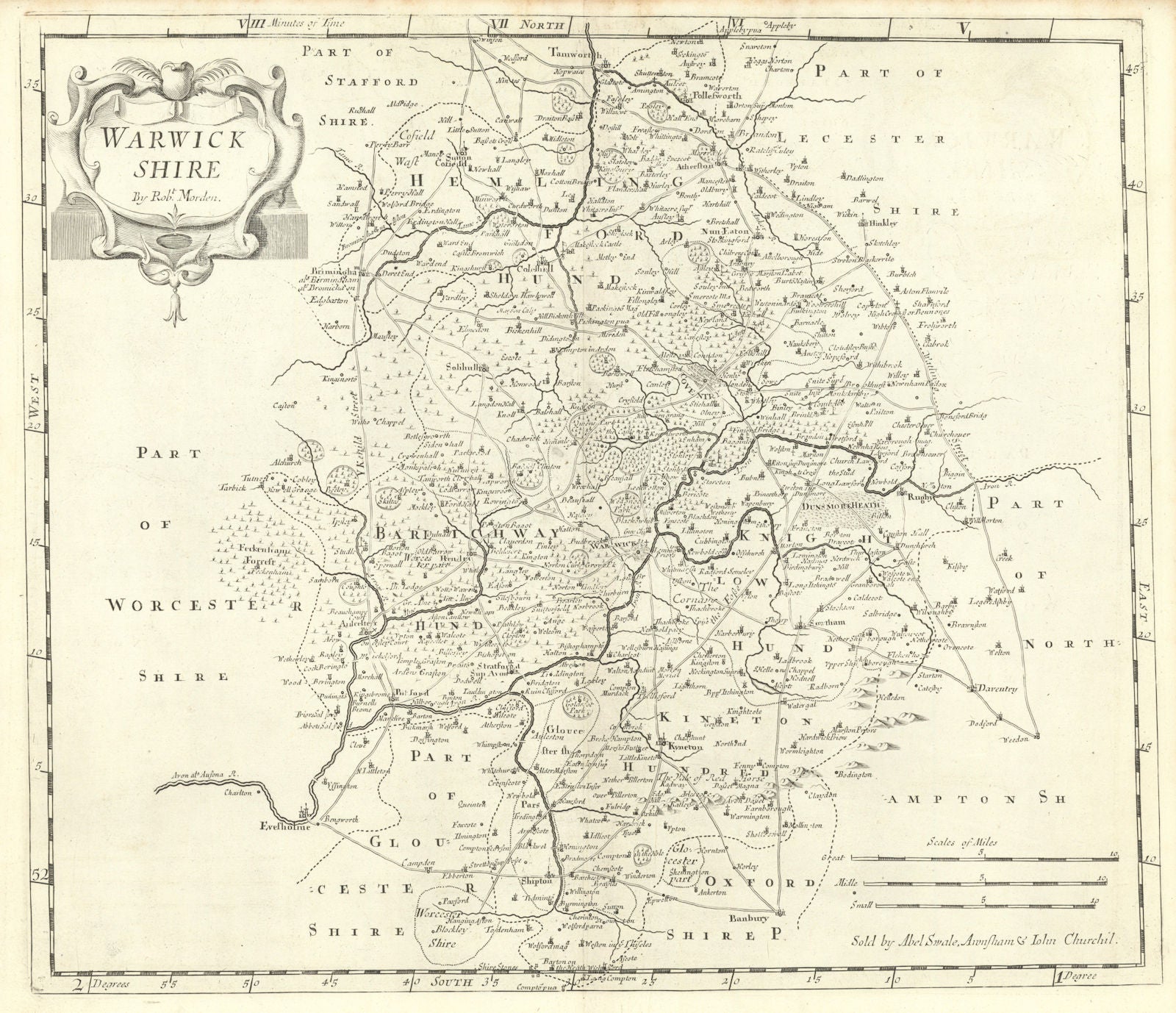 Warwickshire. 'WARWICK SHIRE' by ROBERT MORDEN from Camden's Britannia 1722 map